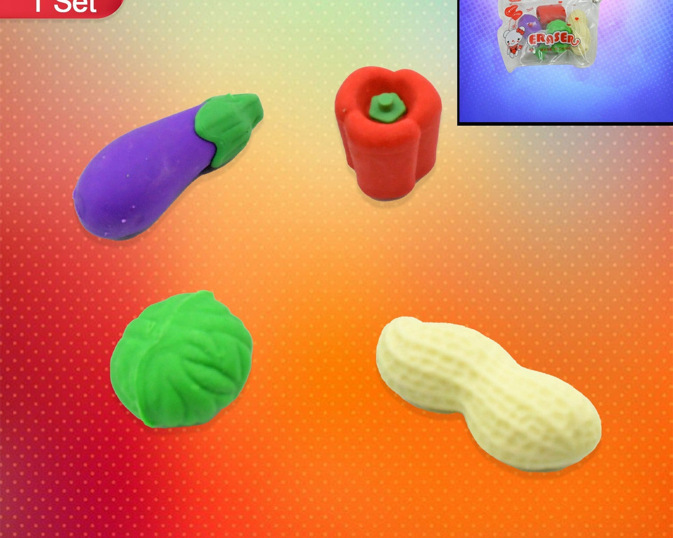 Mini Cute Vegetable & Fruit Erasers (4 Pc): Pencil Rubbers for Kids