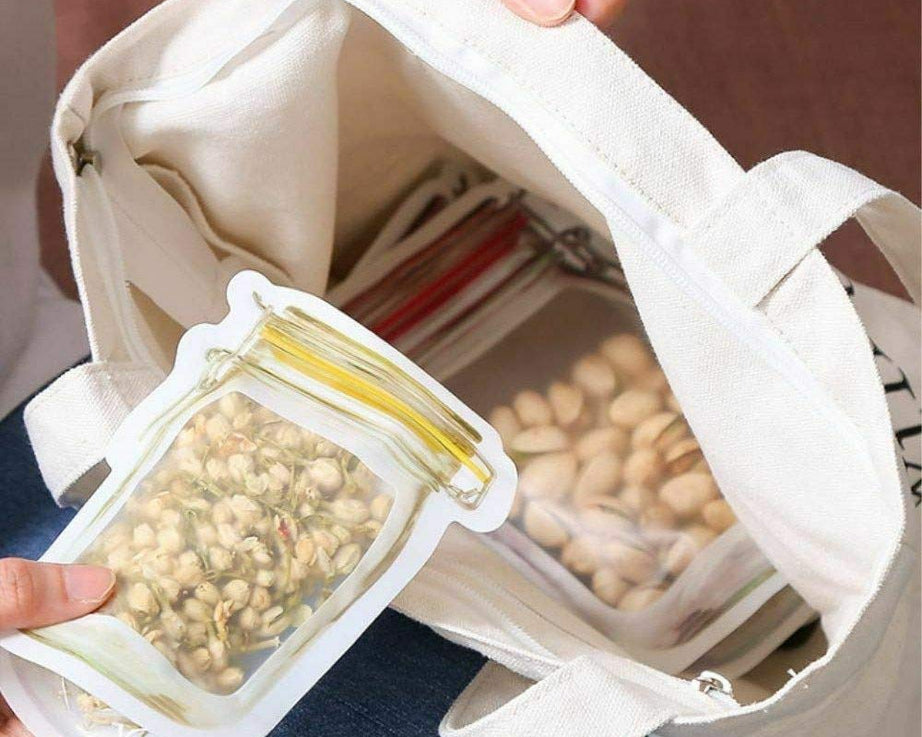 Plastic jar with zipper and airtight seal, 150ml capacity.