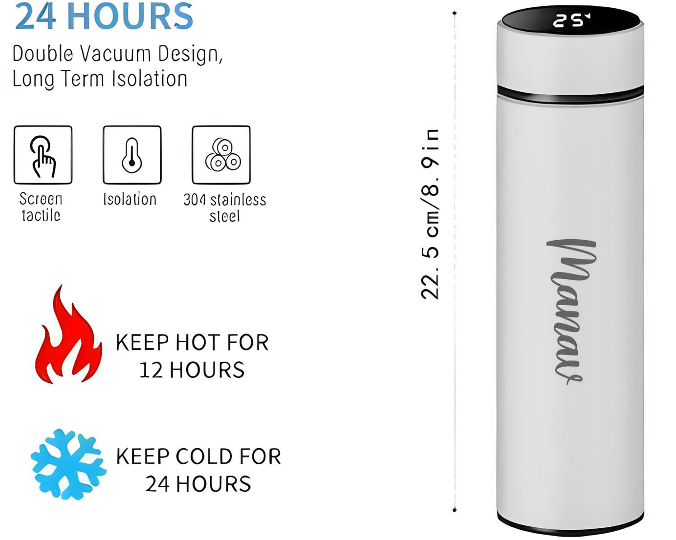 Customized/Personalized Stainless Steel Smart Water Bottle with Smart LCD Temperature Touch | Gifting Custom Name Water Bottle | Gifts for Boyfriend/Girlfriend/Employee | 500ML