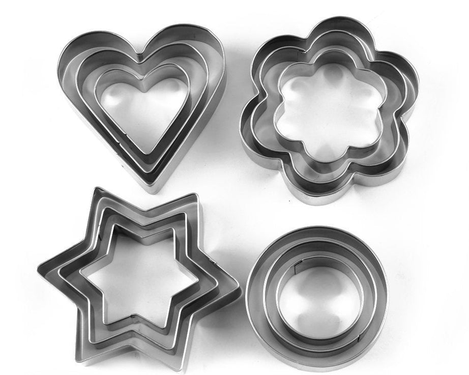 Assorted shape cookie cutters including heart, star, and flower