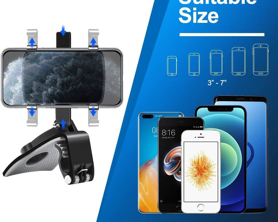Car Phone Holder Clip Mount 360 Degree Rotation Dashboard Rear View Mirror Sun Visor Smartphone HUD Navigation Fold Stand Plastic Black Compatible For All Smart Phones