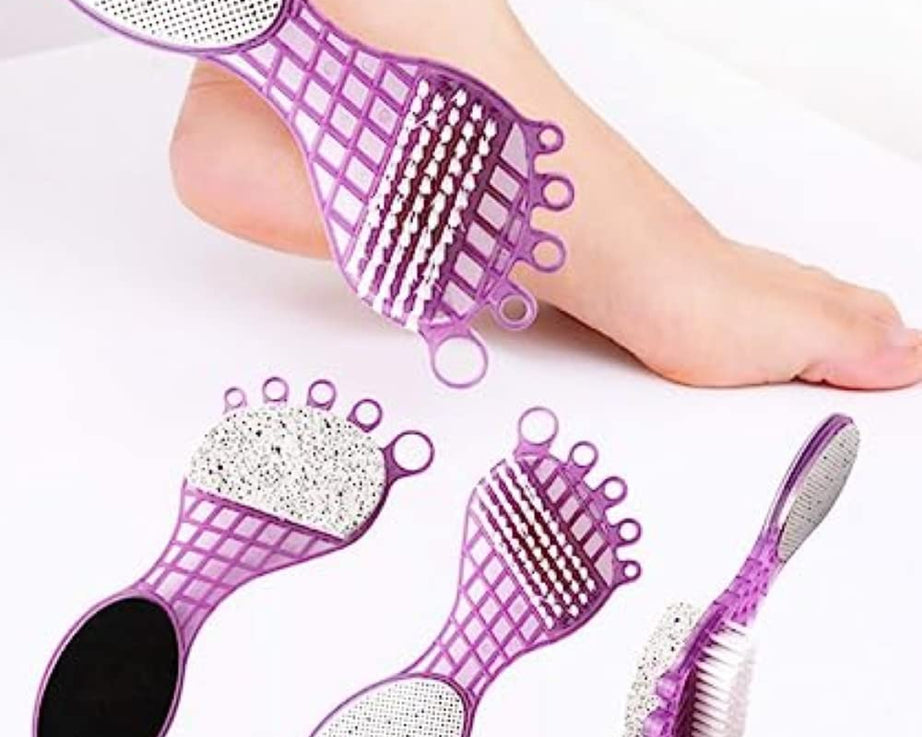 4 in 1 Pedicure Tool for Rough & Dry Feet Dual-Sided with Pumice Stone Soft Brush Steel Scrubber & Emery File Softens Hard Foot Corns & Calluses Cleanses & Smoothens Dull Feet