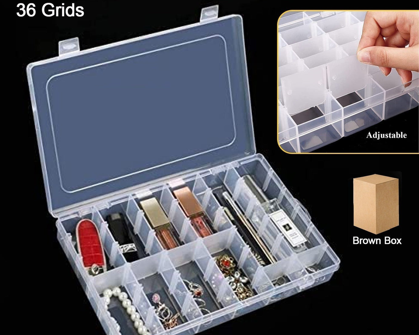 36 Grids Clear Plastic Organizer Jewelry Storage Box with Adjustable Dividers, Transparent Organizer Box (1pc)
