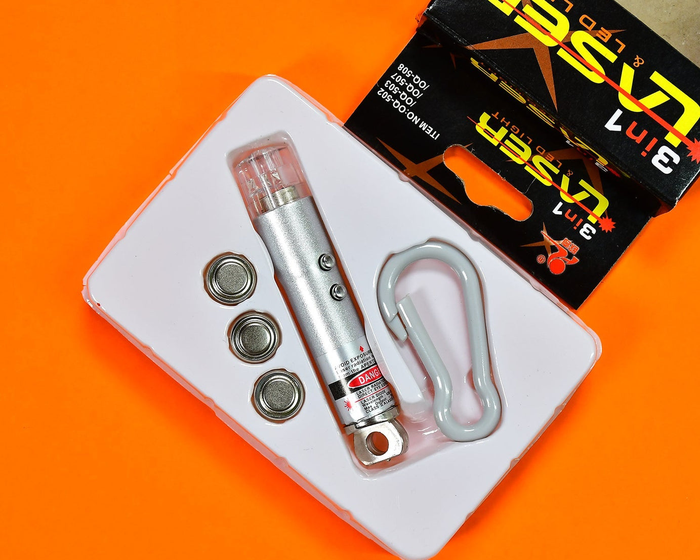 Laser pointer with LED flashlight and keychain