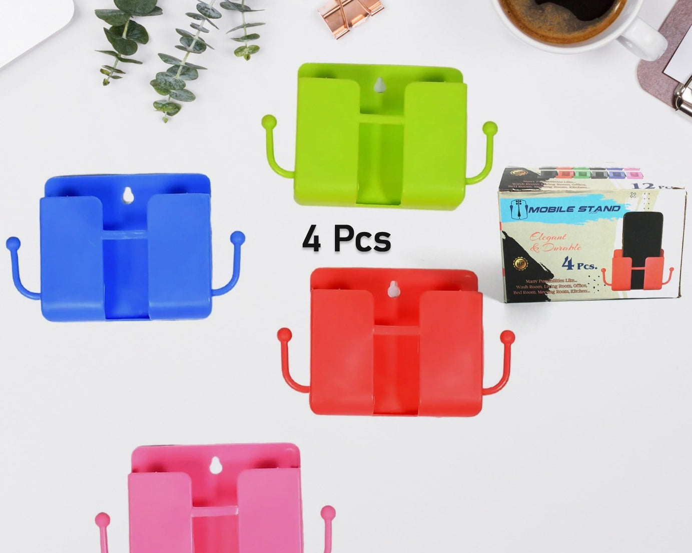 Set of 4 wall mounted storage organizers with side hooks for remote storage.
