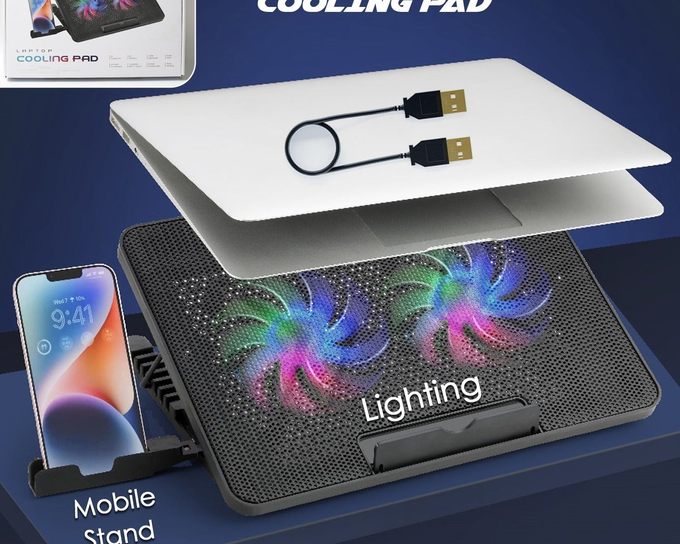 Laptop Cooler Cooling Pad with 2 Quiet Led Fans, Dual USB Ports, Portable Ultra Slim USB Powered 7 Heights Adjustable Laptop Stand for Gaming Laptop