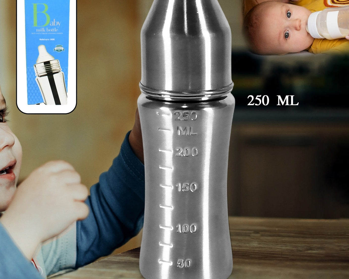 Ganesh Stainless Steel Baby Feeding Bottle, Milk Bottle for New Born / Infants / Toddler Up to 3 Years, BFA Free (250 ML Approx)