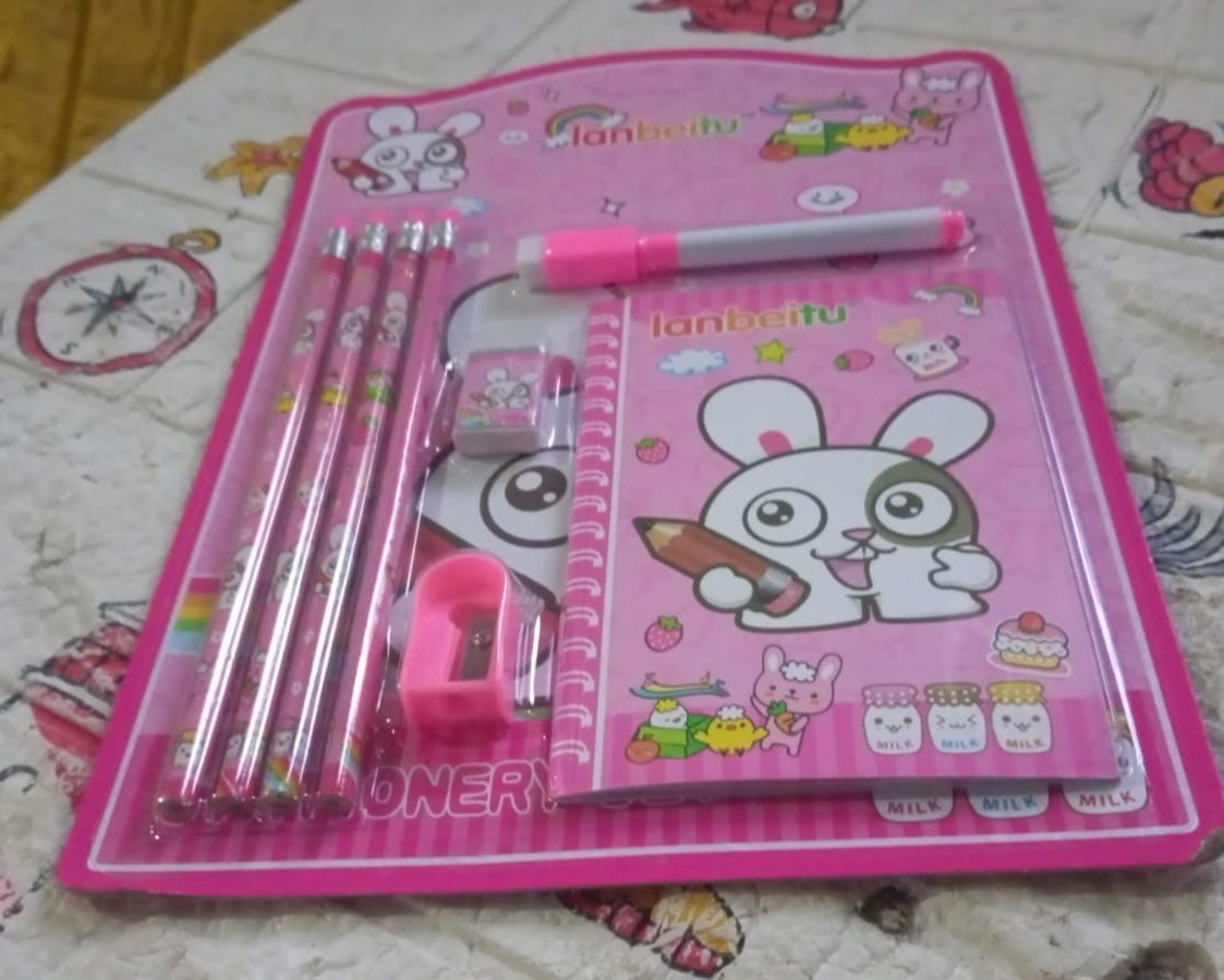 Kids' Stationery Kit: Wooden Pencils, Sharpener, Eraser, Diary (8 Pc Set)