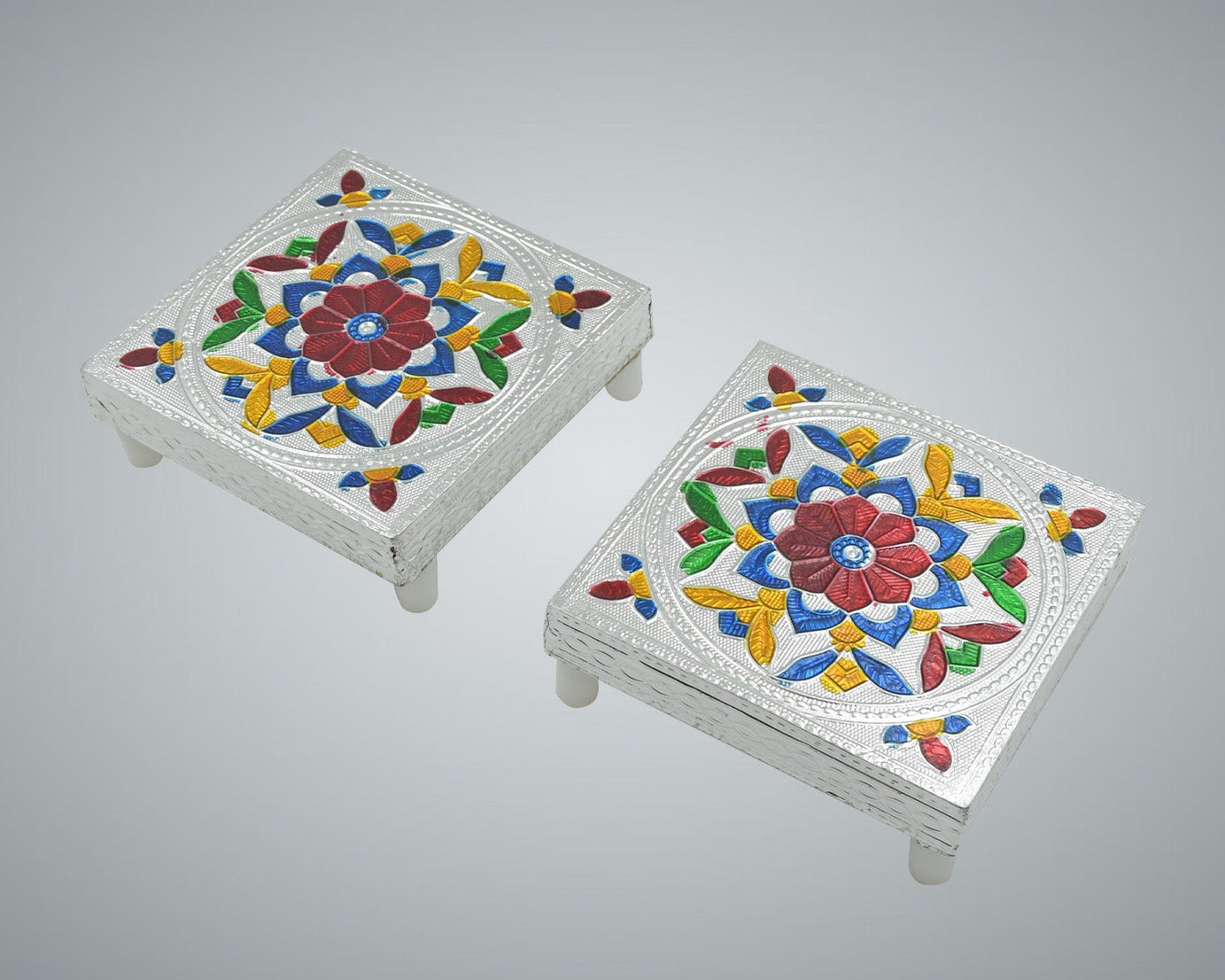 2 Pc Meenakari Wooden Chowki & Bajot Set: For Home & Office Puja (Multicolor)