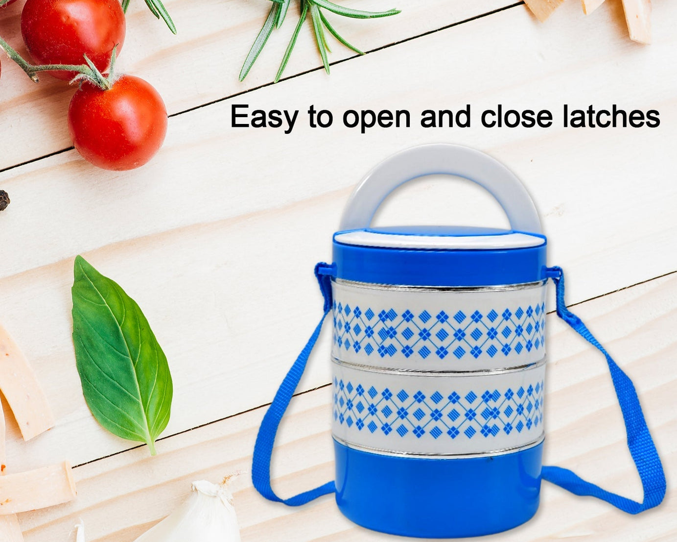 Insulated lunch box with 3 tiers.