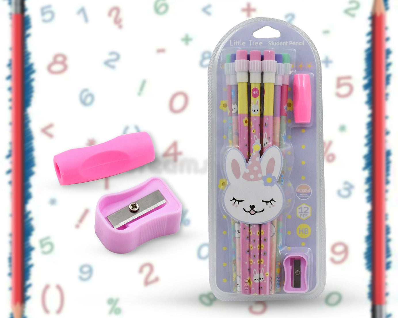 Cute Rabbit Bear Drawing Graphite Writing Pencil Set with Pencil Sharpener & Eraser, Pencil and Eraser Set with Eraser for Kids, for Girls, Fancy School Stationary, Birthday Party Return Gift (14 Pc Set)