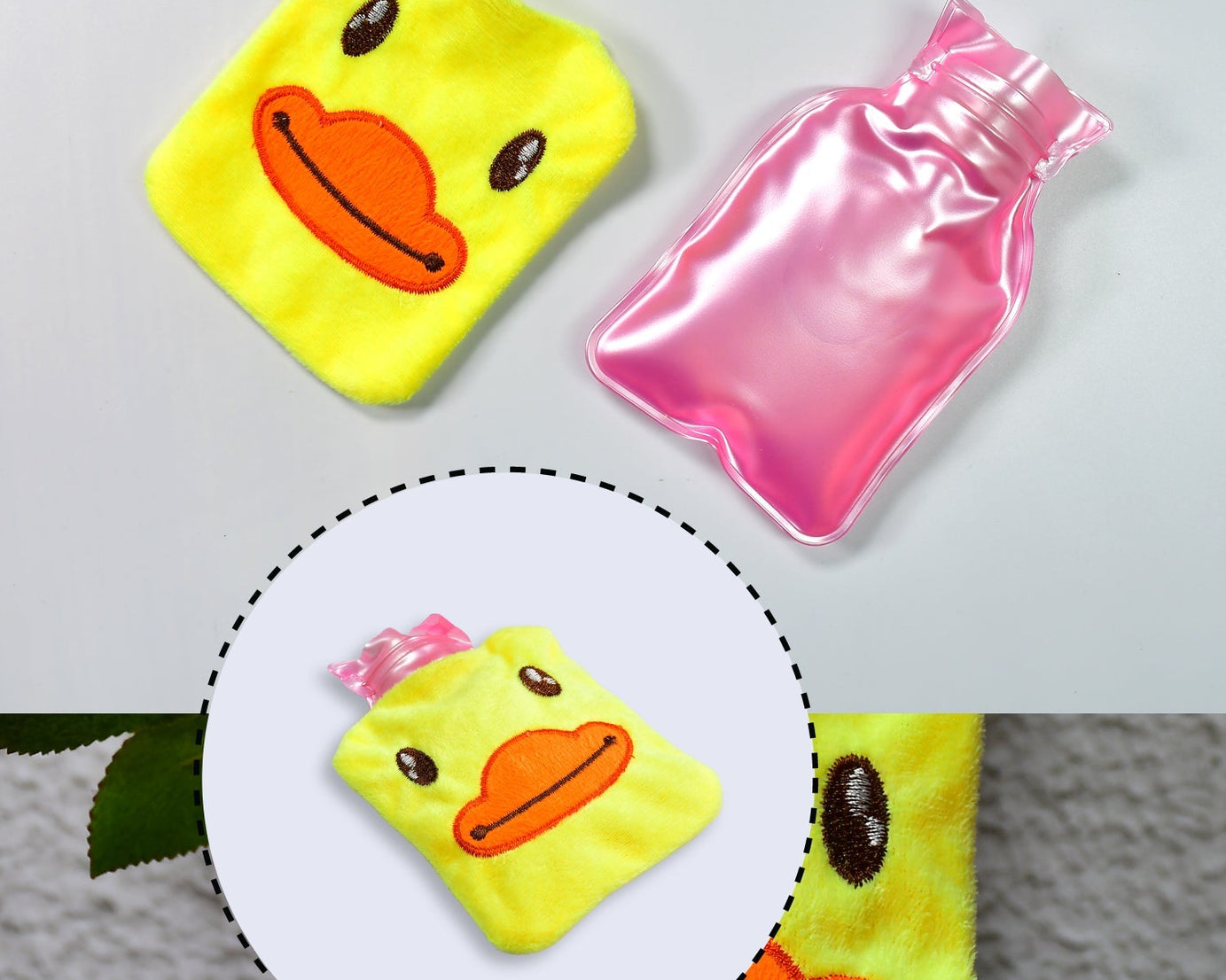 Small hot water bag with yellow duck design, ideal for pain relief