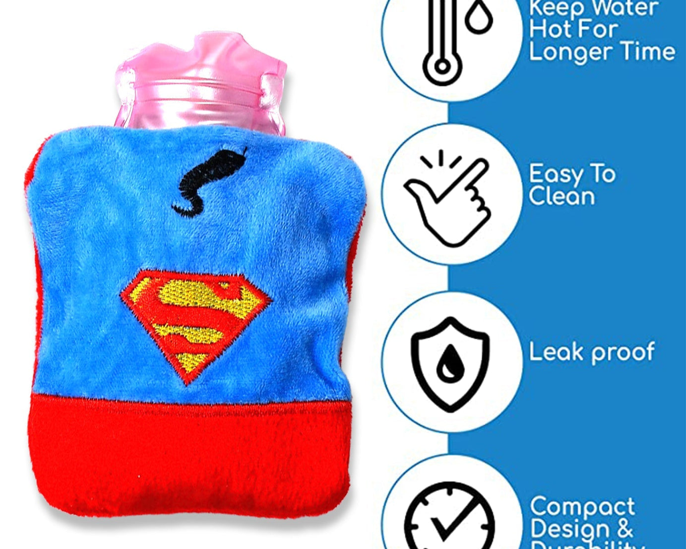 6530 Superman Print small Hot Water Bag with Cover for Pain Relief, Neck, Shoulder Pain and Hand, Feet Warmer, Menstrual Cramps.