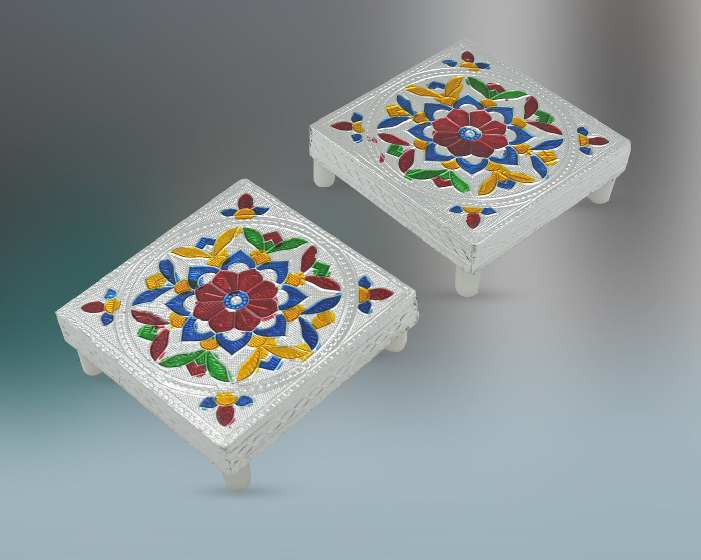 Handicraft Meenakari Wooden Chowki Puja Bajot For Home & Office Decor for Puja Multicolour (2 Pc Set)