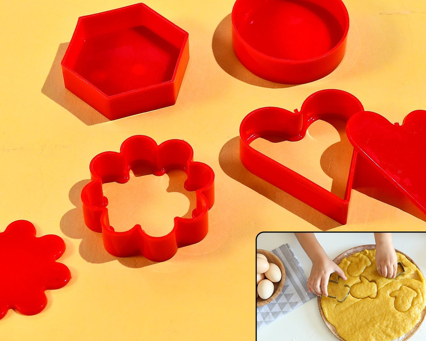 4-pack cookie cutters, heart, star, flower, round shapes.