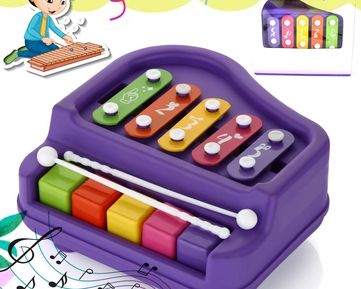 2 in 1 Baby Piano Xylophone Toy for Toddlers, 5 Multicolored Key Keyboard Xylophone Piano, Preschool Educational Musical Learning Instruments Toy for Baby Kids Girls Boys 3+ Years (1 Pc)