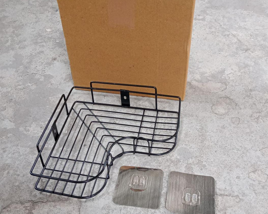 Multi-purpose corner shelf, adhesive rack