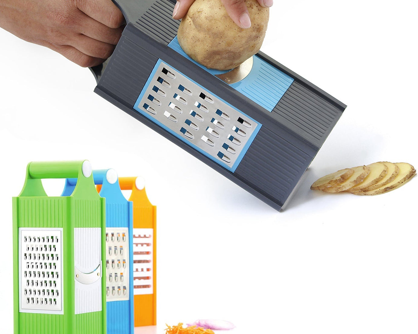 Four-in-one plastic grater and slicer for versatile kitchen use