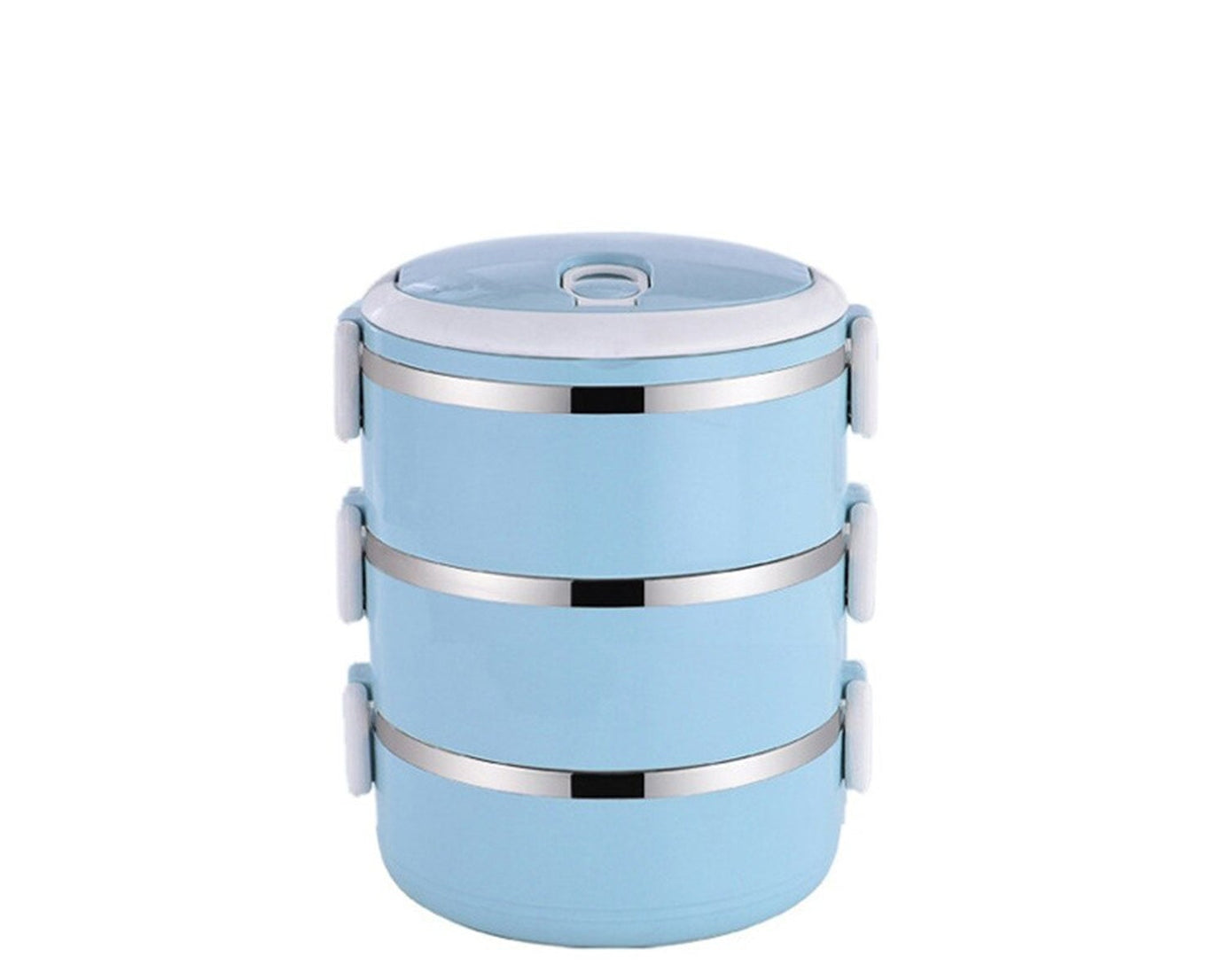 Three layer stainless steel lunch box for keeping food hot.