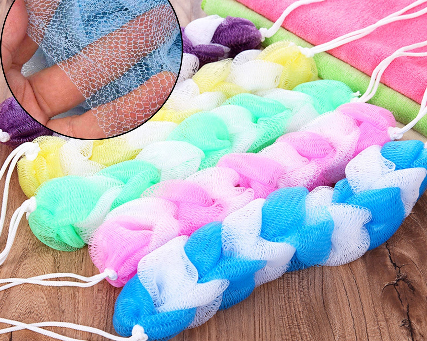 Small loofah sponge poufs, pack of 6, perfect for bath and shower use.