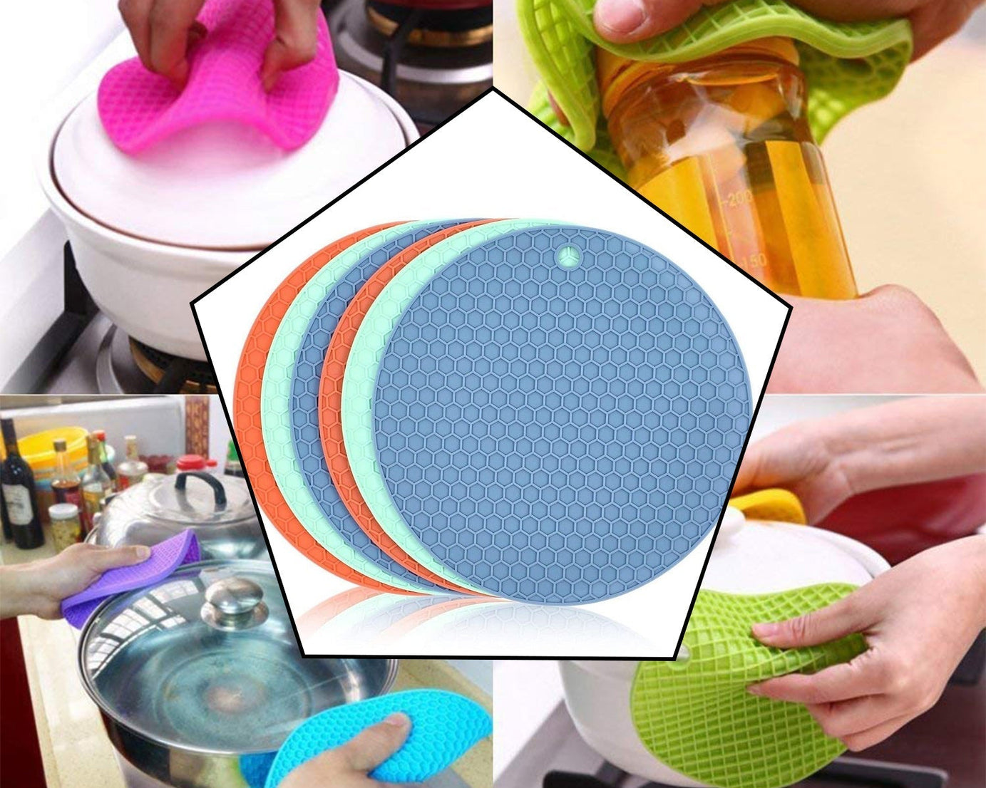 Silicone hot mat with a vibrant color and heat-resistant properties for kitchen use.