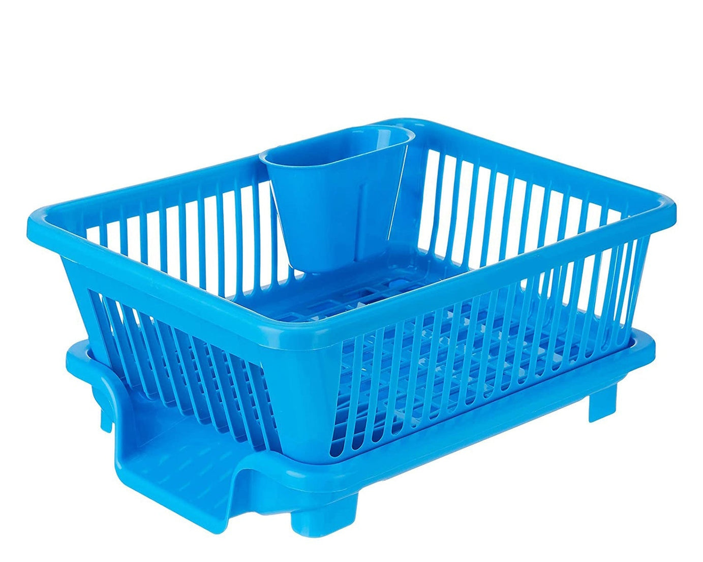 Plastic dish drainer rack with a brown box for drying dishes and utensils