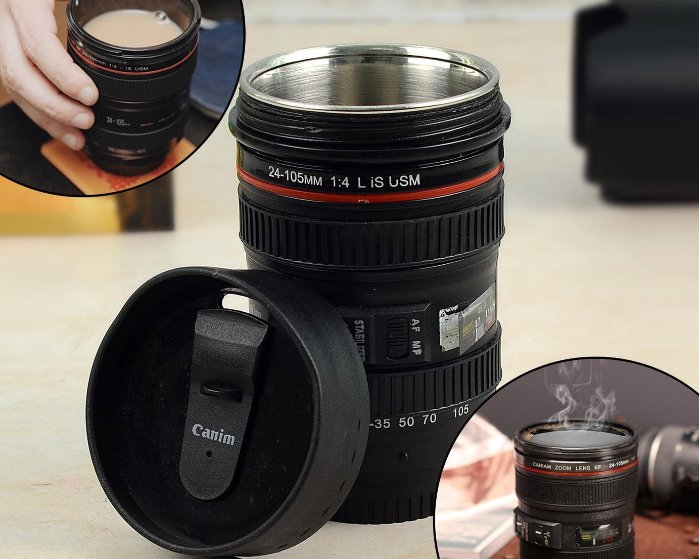 Plastic camera lens coffee mug made from stainless steel, featuring a detailed and realistic design