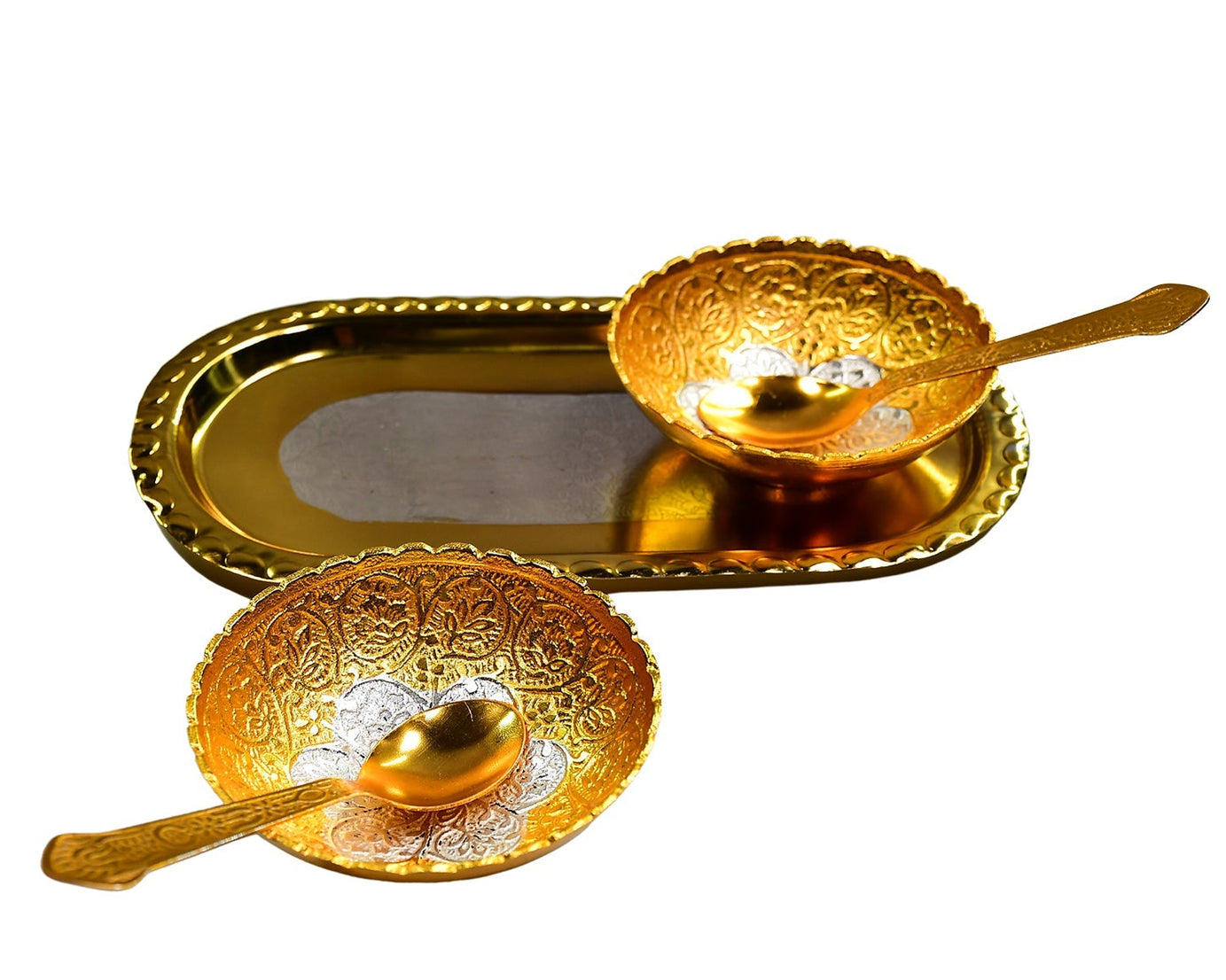 Gold and silver plated tray set with red velvet gift box, includes two bowls and spoons.
