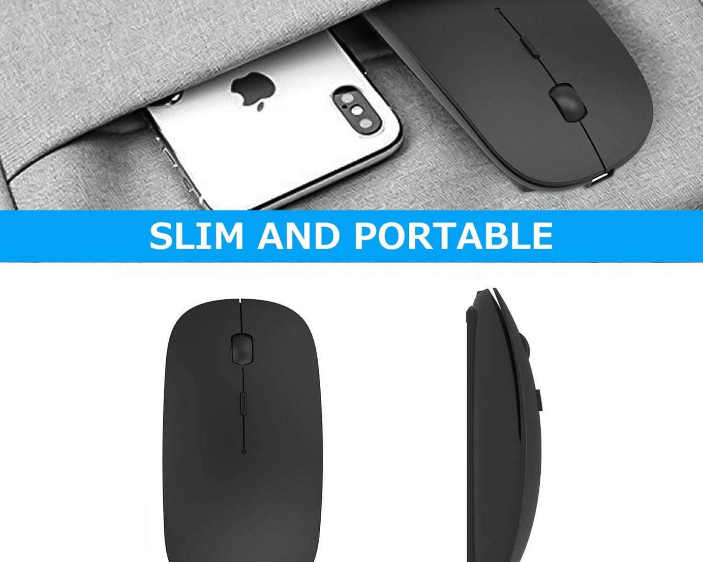 Wireless mouse suitable for laptop, PC, Mac, and iPad usage.