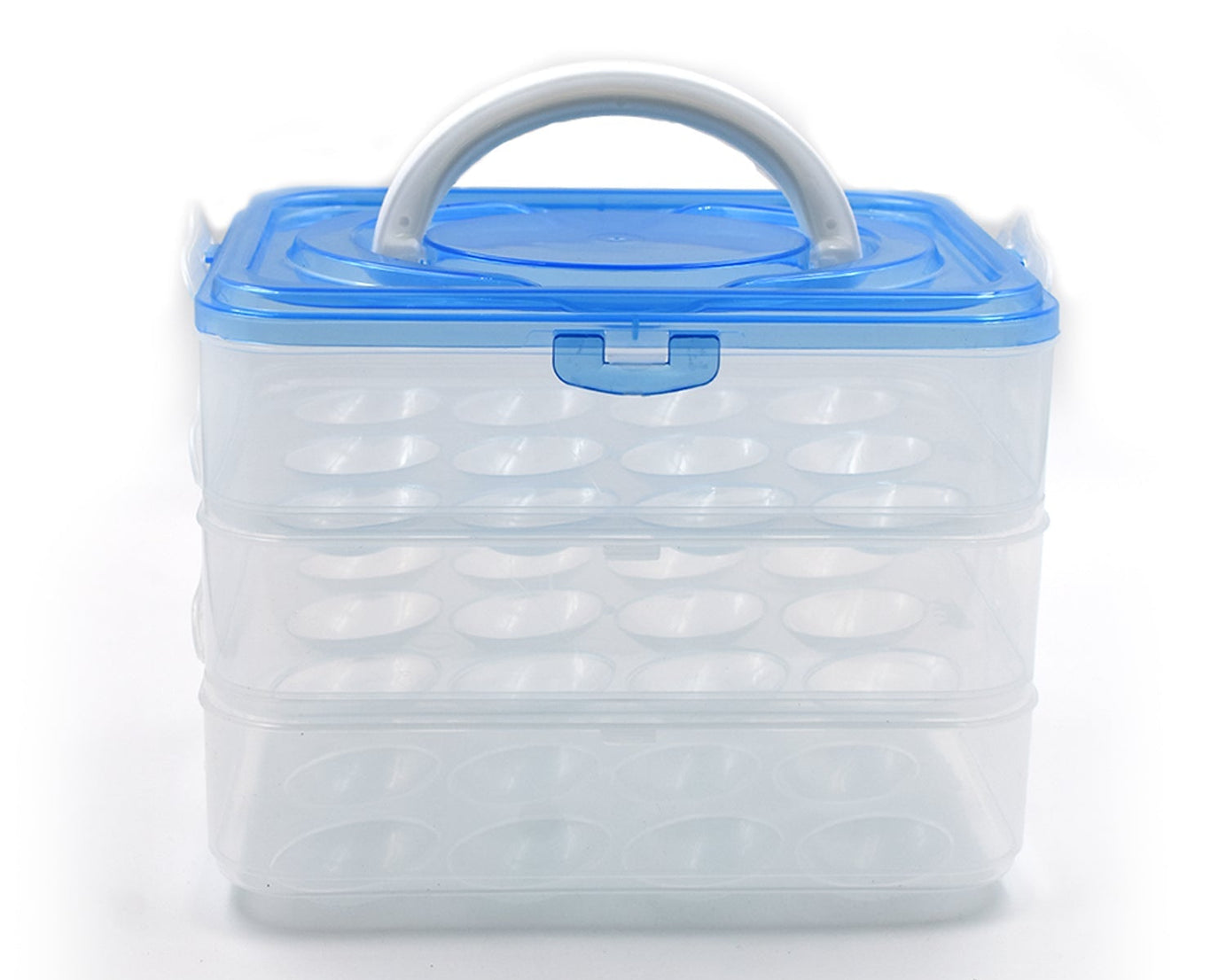 3-layer plastic egg storage box with 36 grids, designed for organizing eggs in the refrigerator