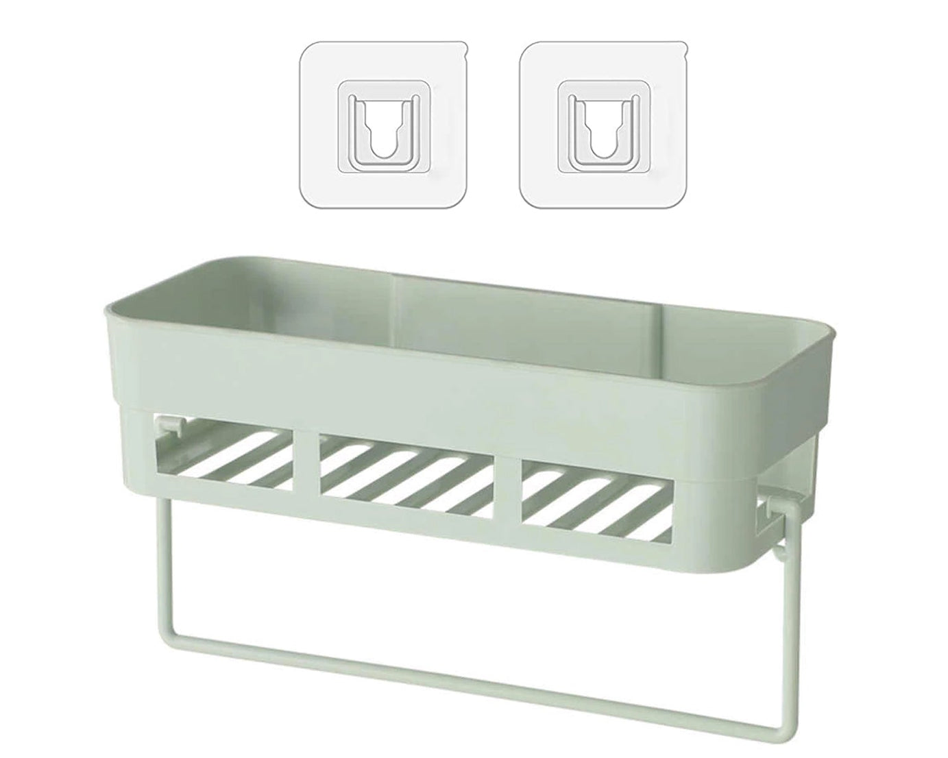 Multipurpose storage rack, wall-mounted for kitchen or bath.