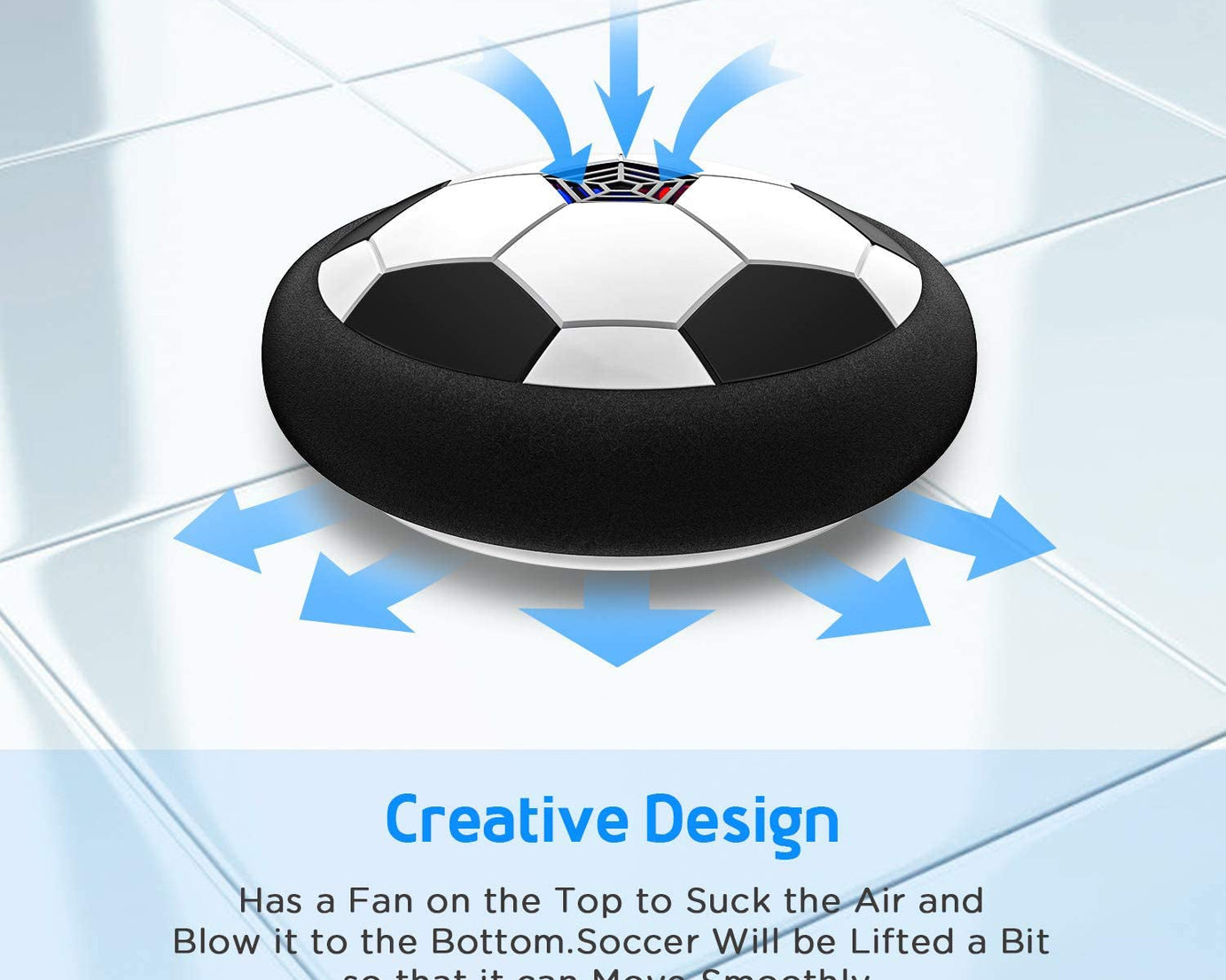 Glow-in-the-dark hover ball, ideal for kids' games and indoor fun.