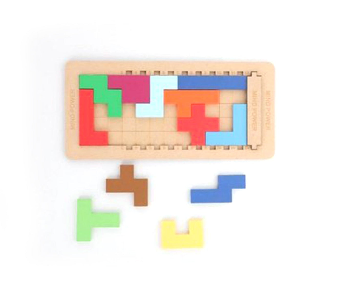Wooden mind game set with multiple components for stimulating children's minds.