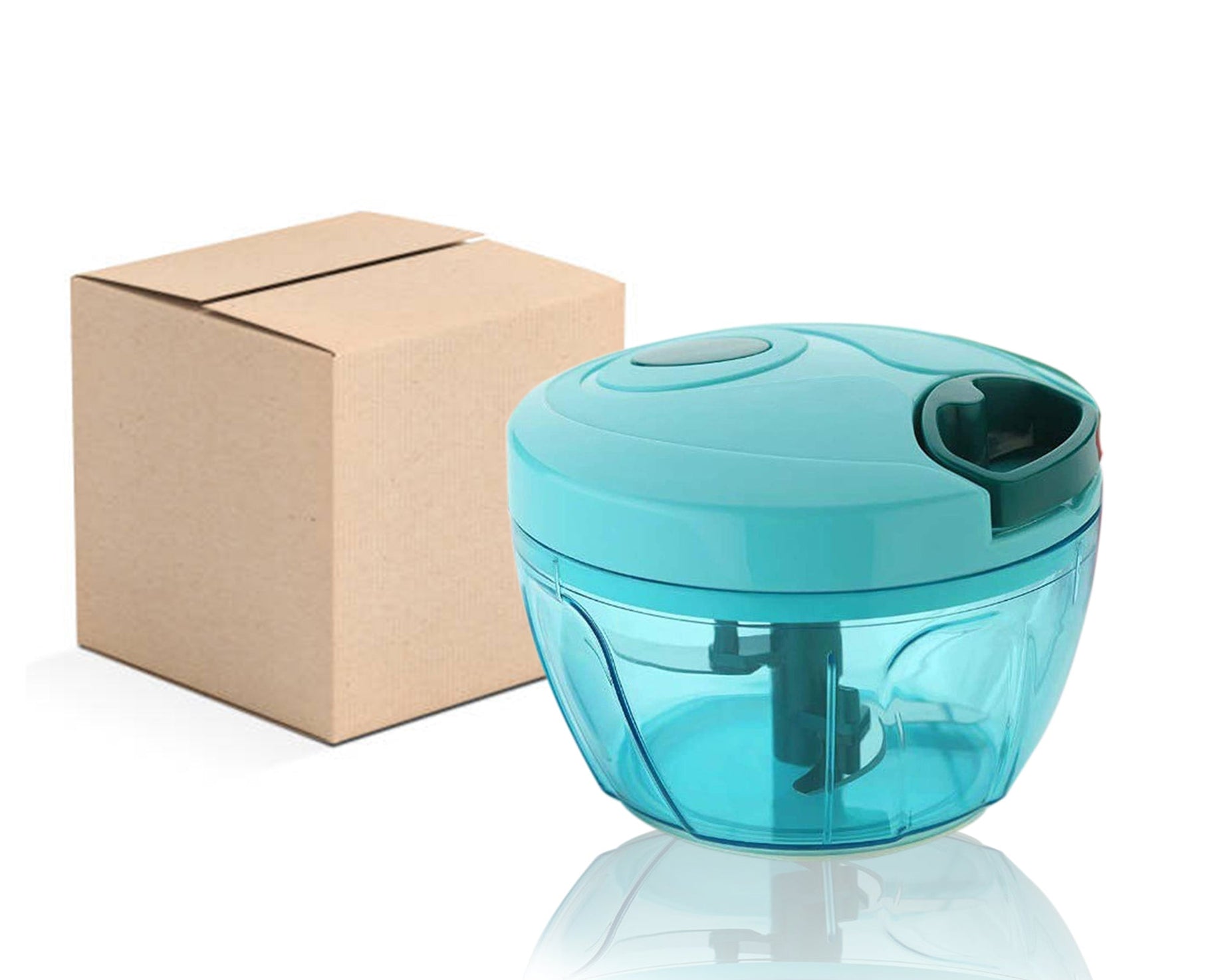 Vegetable chopper with manual operation, stainless steel blades in brown box.