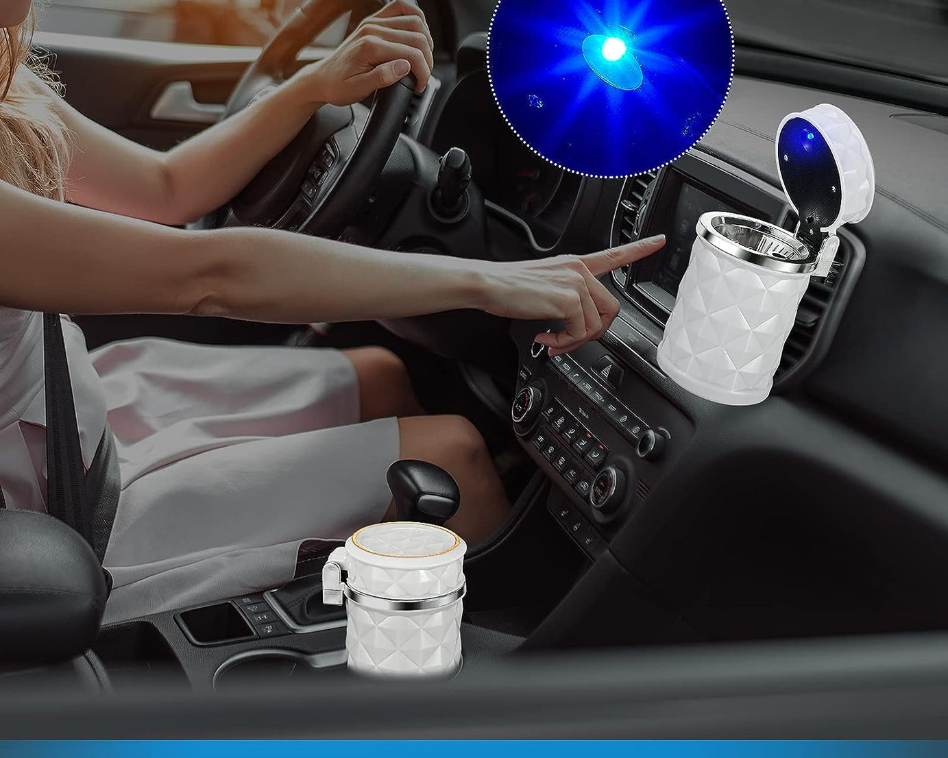 Car Cupholder Travel Ashtray with Lid and LED Light, Portable with Blue LED Light Ideal Decorative Cigar Ash Bucket, Cigarette Ashtray, Car Waste Bin