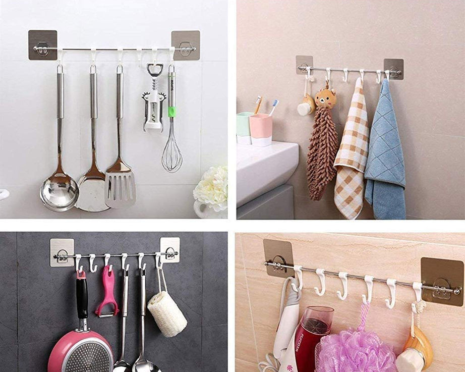 Plastic adhesive hooks for multipurpose hanging and organization.