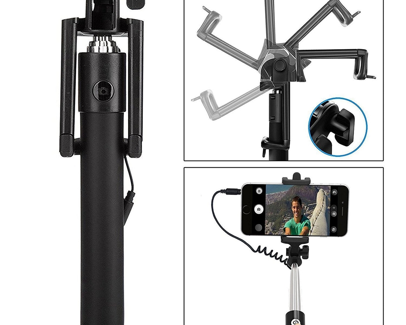 Adjustable selfie stick with aux cable for smartphones.