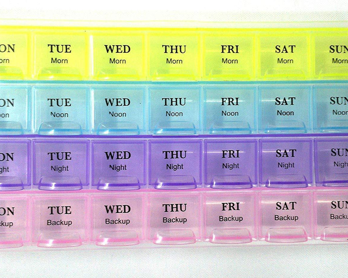 4-row weekly pill case organizer with 28 compartments for daily medicine storage.