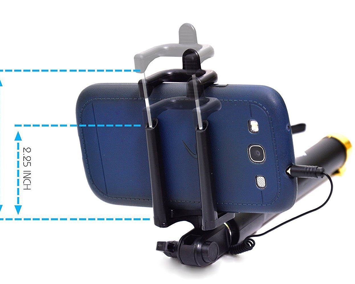 Selfie stick with aux wire and adjustable phone holder.
