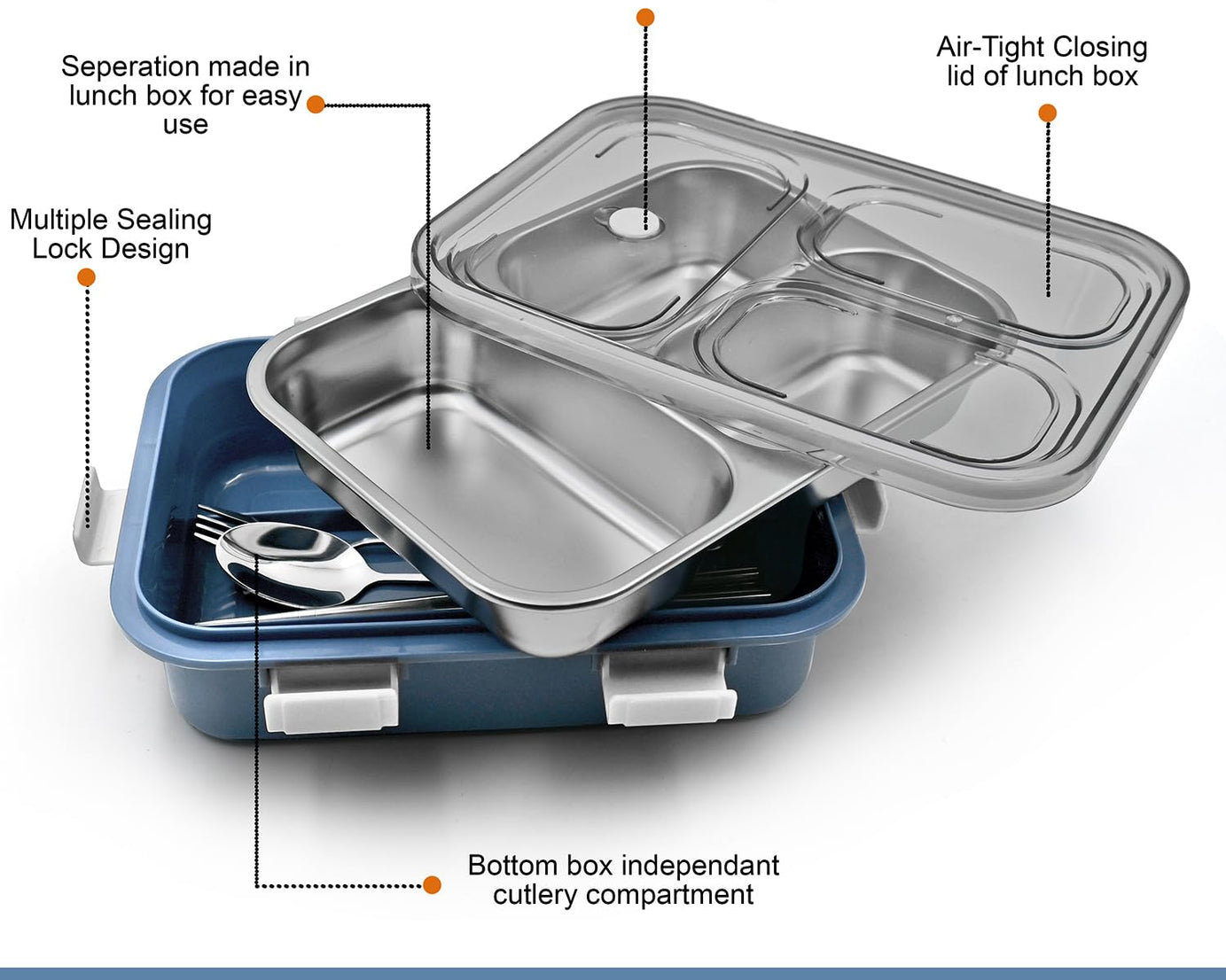 3 Compartment Transparent Stainless Steel Lunch Box for Kids, Tiffin Box, Lunch Box, Lunch Box for Kids, Insulated Lunch Box, Lunch Box for Office Women and Men, Stainless Steel Tiffin Box for Boys, Girls, School Office (Multi Color)