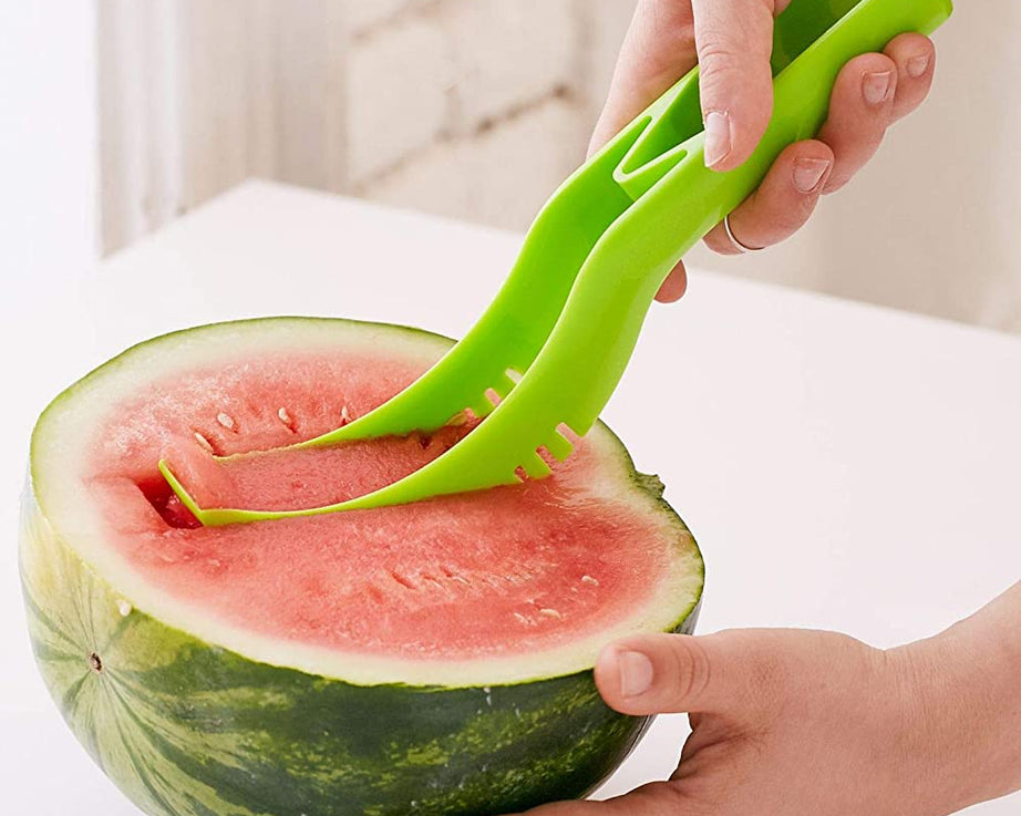 Plastic watermelon cutter slicer for easy and precise cutting of watermelon slices.