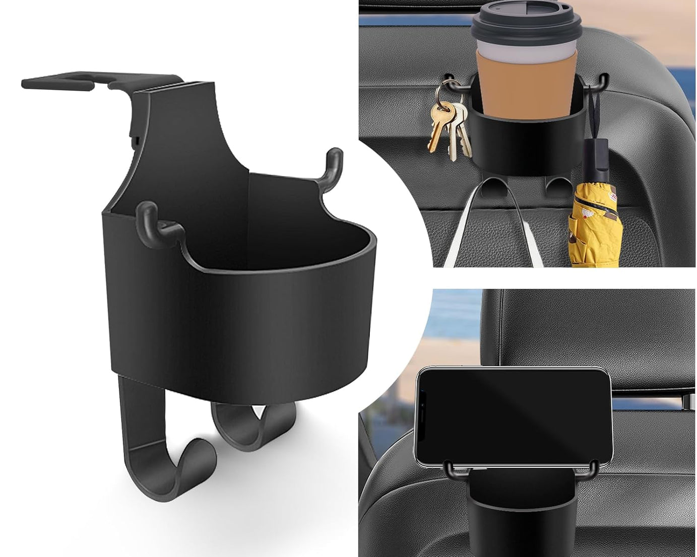 Car Headrest Backseat Organizer, 3 in 1 Automotive Cell Phone Drink cupholder Adapter with Headrest Hooks for Kids and Adults, Multifunctional Storage for Car Travel Accessories