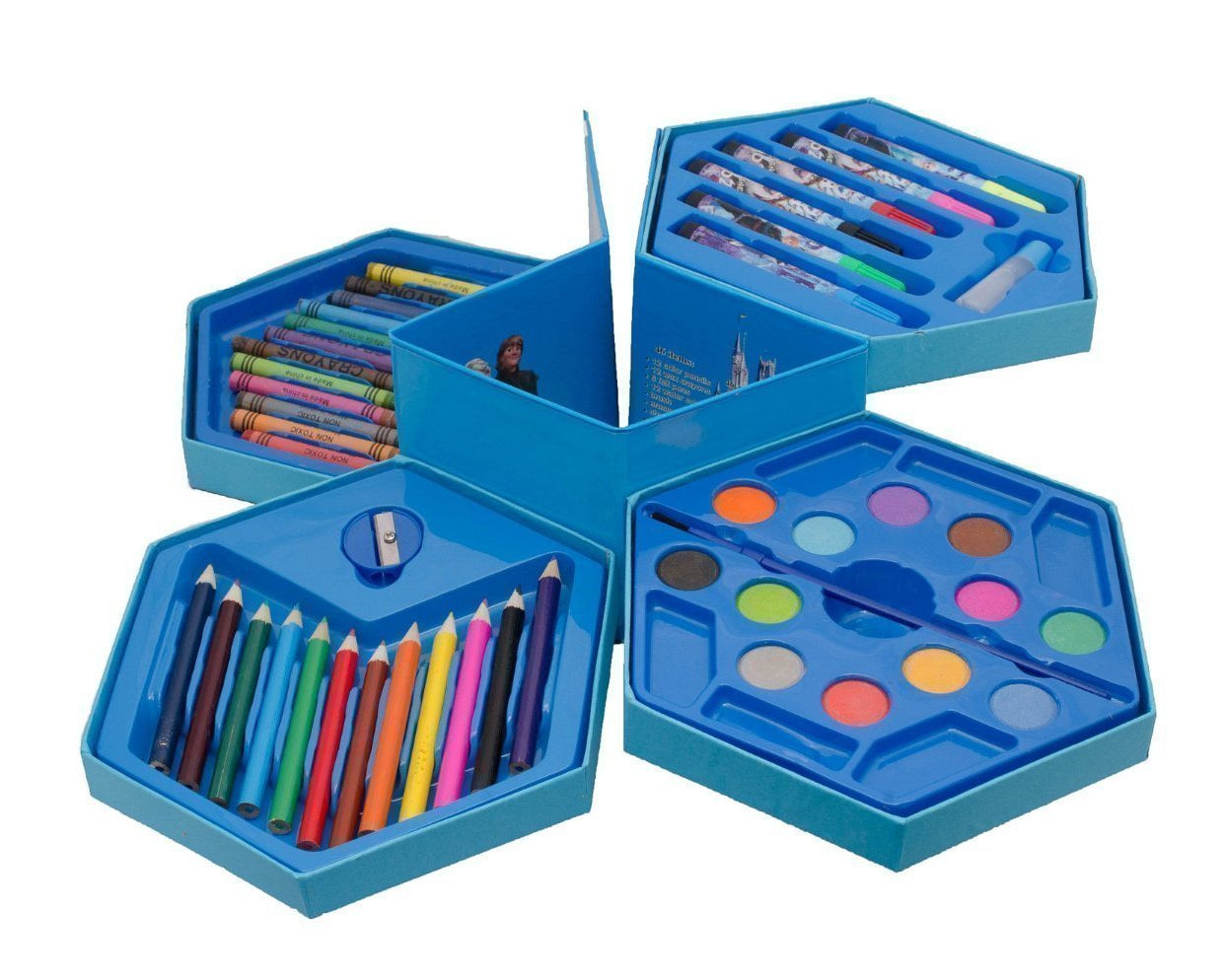 Art color set with crayons and pens