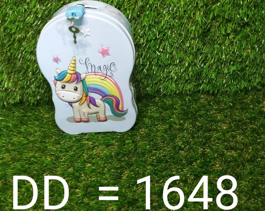 Piggy bank with a cartoon character design, made of metal for collecting coins and saving money