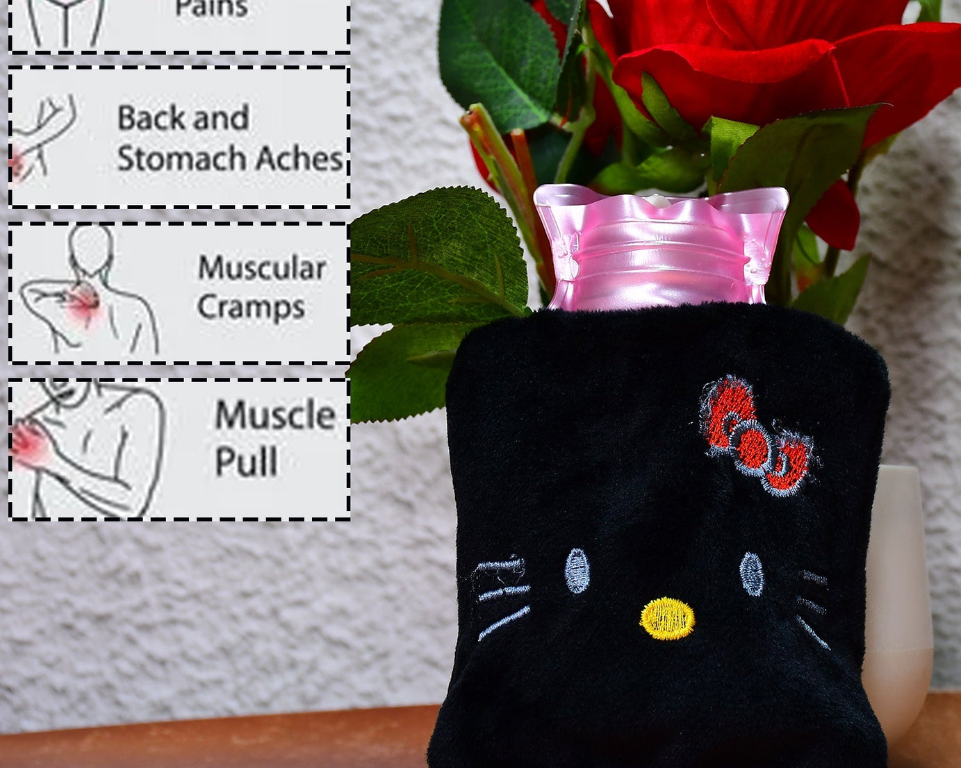 Hello Kitty hot water bag in black for warmth and pain relief