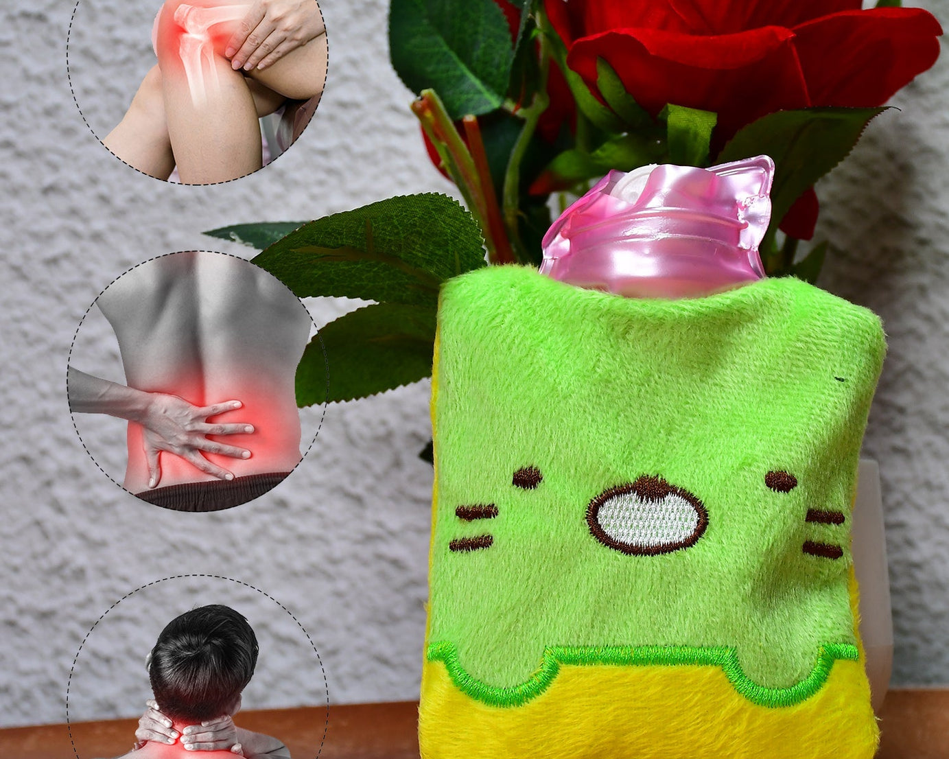 Hot water bag with green Kitty design for pain relief and menstrual cramps