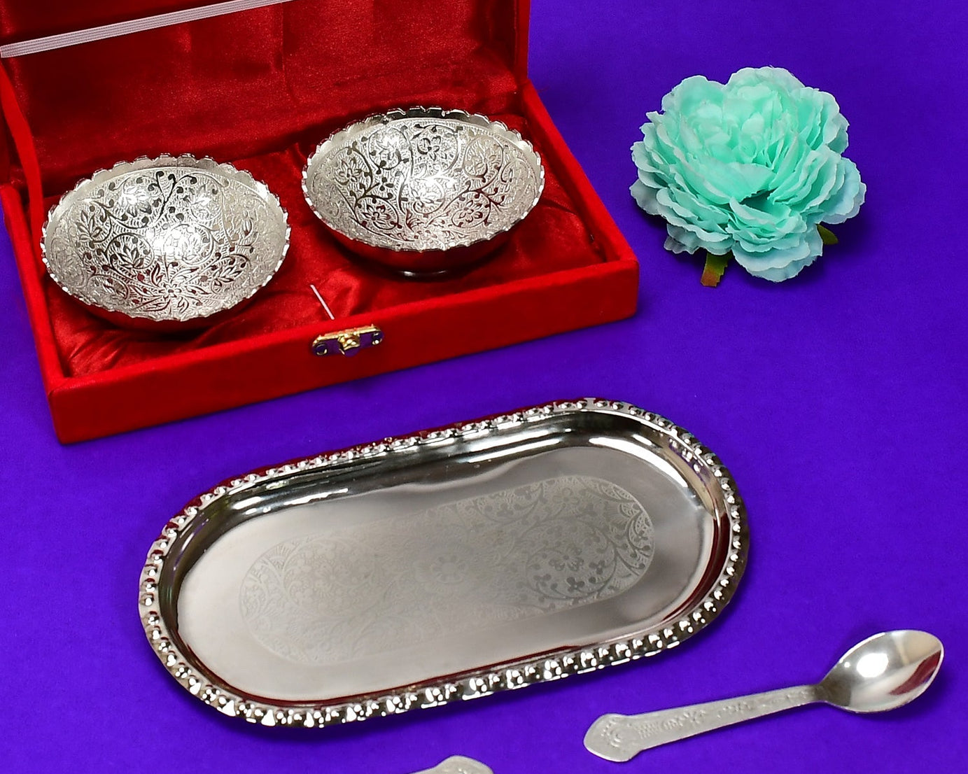 Silver tray set with bowls and spoons in box.