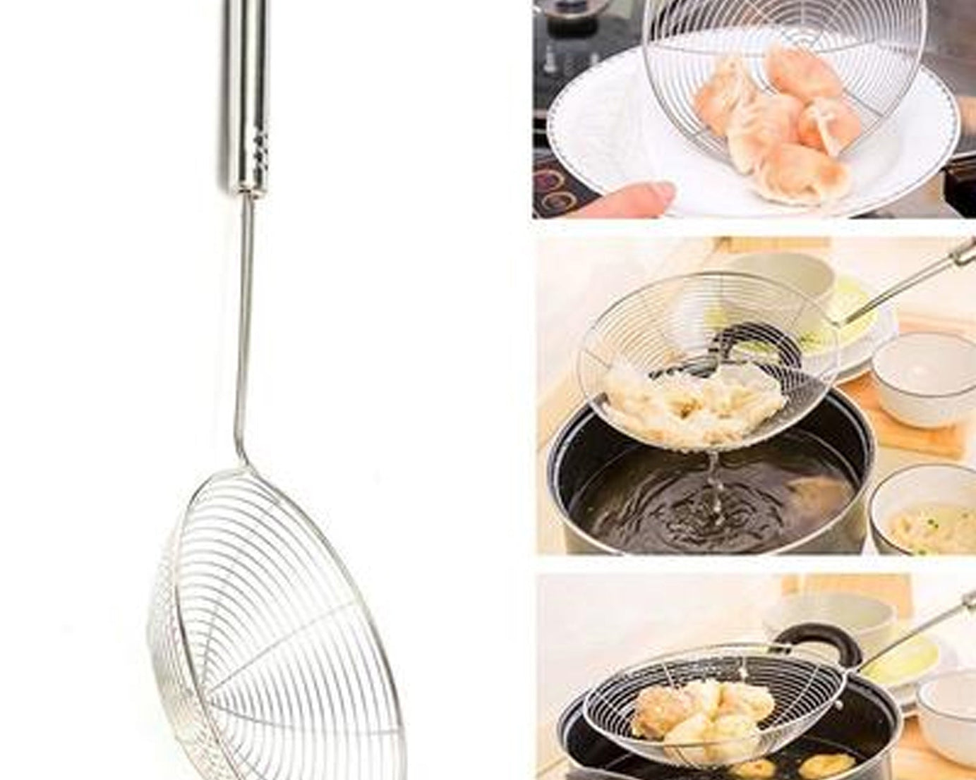 Fine mesh strainer for removing oil from fried foods