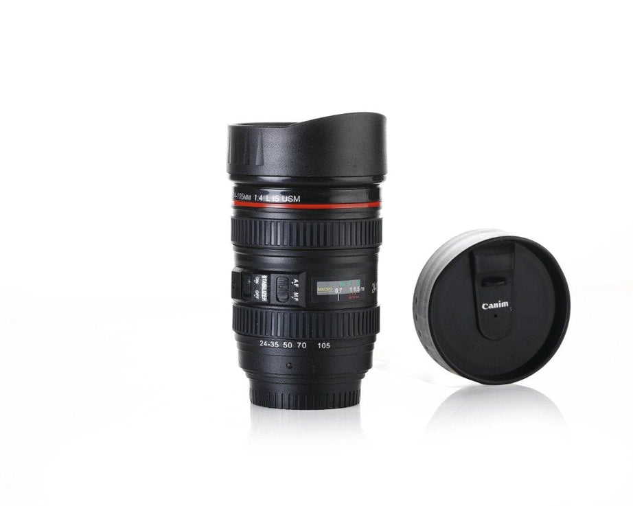 Coffee flask with camera lens design, including a lid