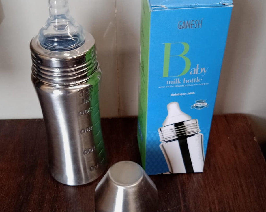 Ganesh Stainless Steel Baby Feeding Bottle, Milk Bottle for New Born / Infants / Toddler Up to 3 Years, BFA Free (250 ML Approx)
